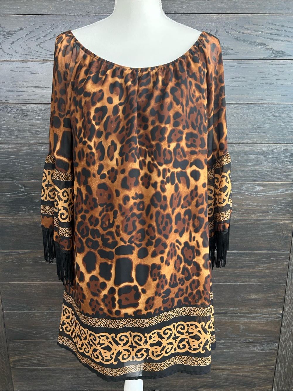 VOLL Leopard Print Fringe Sleeve Tunic Dress Brown Black Size Small